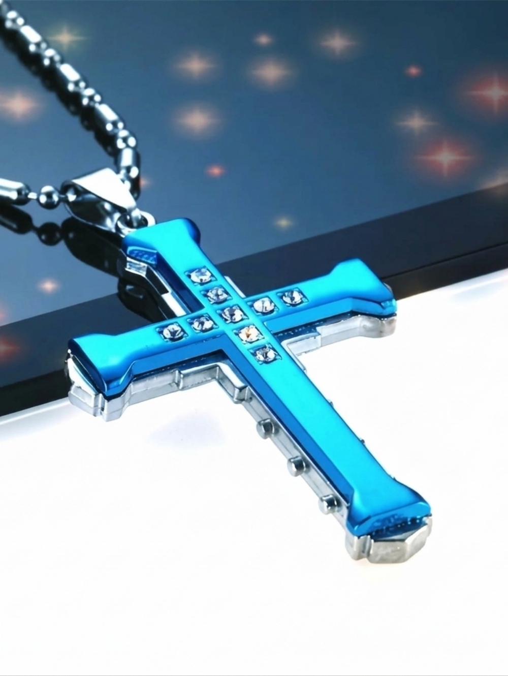 NWT Stainless Steel Blue Rhinestone Layered Cross Pendant Necklace
